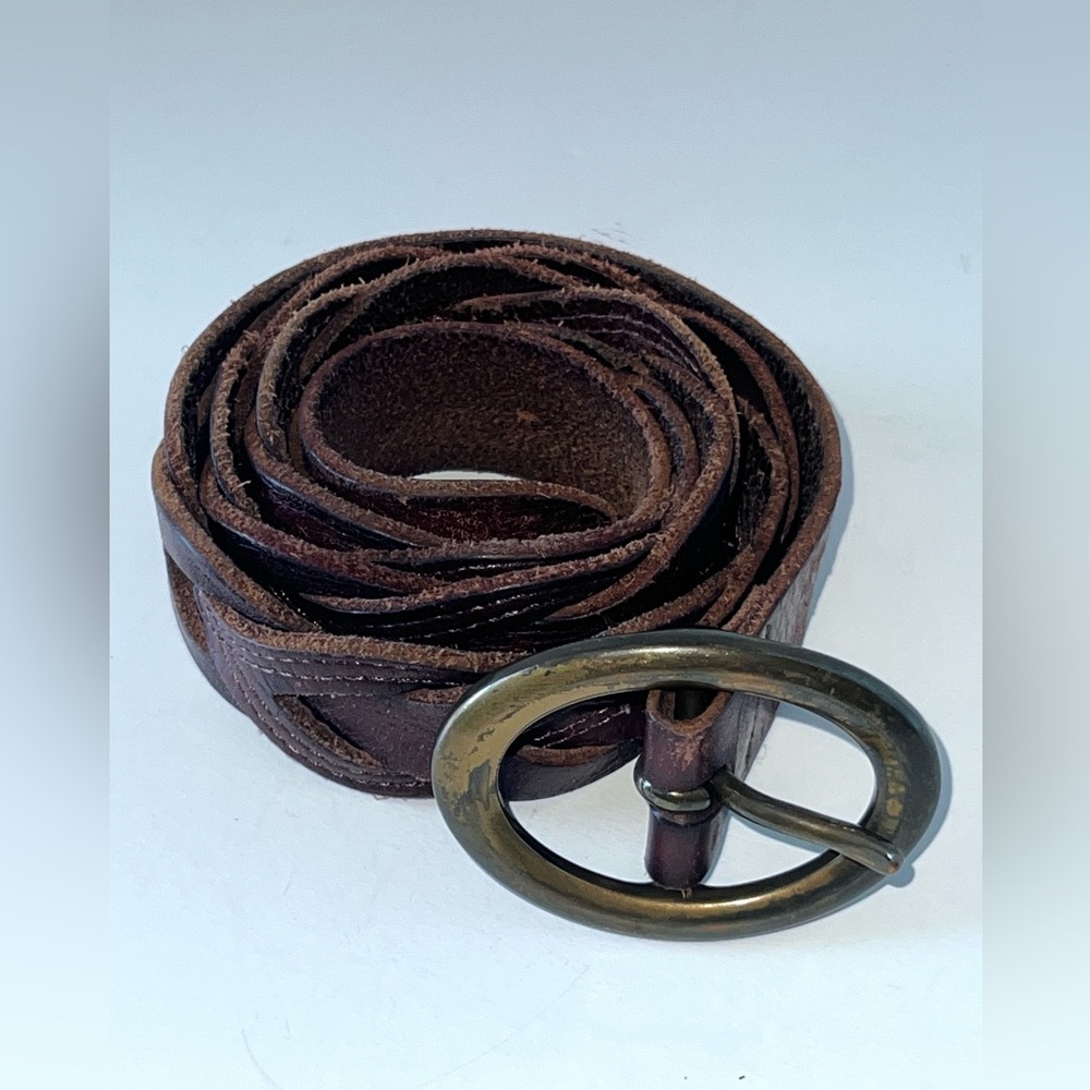 Genuine Leather Woman’s Braided Dk Brown Woven‎ Gold Buckle Belt